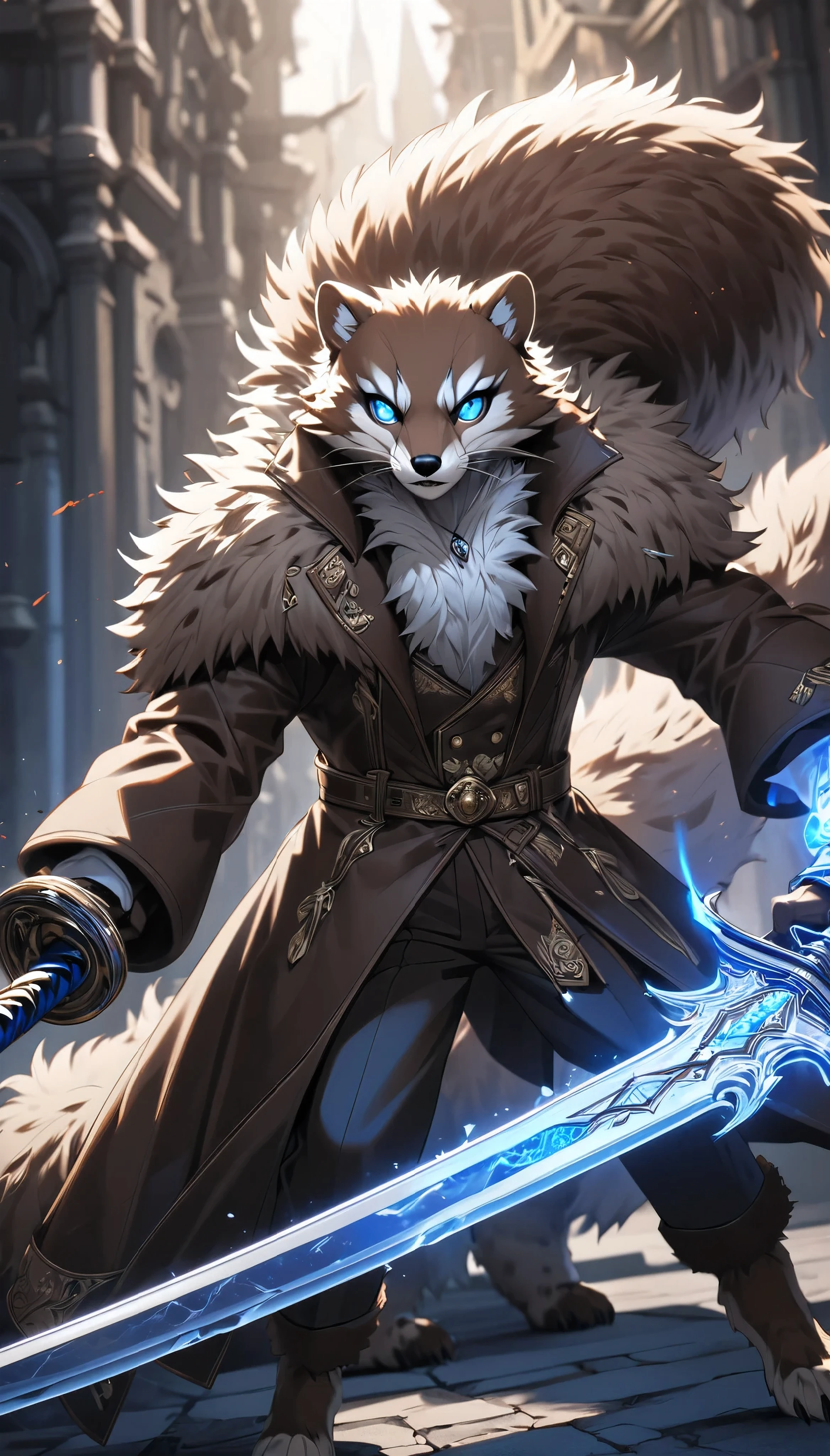 One gentleman , whole body, Alone, highly detailed fur skin style, fur skin face, Wild Weasel image, real dark brown colored, BREAK super fine detailed, Fight with a demon sword in your hand, Accurate and powerful poses, Premium seamless coat, Fast motion, BREAK: Eyes that emit blue light,  Delicate Fur Texture, 