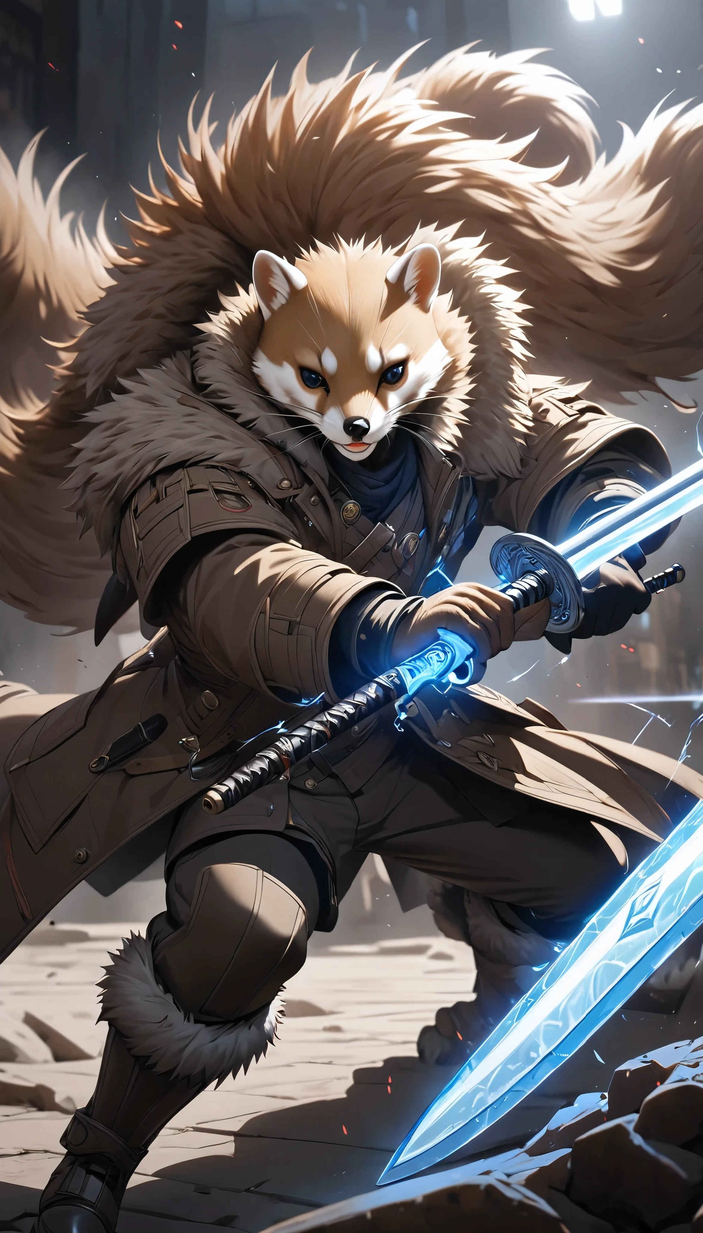 1 combat gentleman , whole body, Alone, nimble protective armor, highly detailed fur skin style, fur skin face, Wild Weasel image, real dark brown colored, BREAK super fine detailed, Fight with a demon sword in your hand, Accurate and powerful poses, Premium seamless coat, Fast motion, BREAK: Eyes that emit blue light, Delicate Fur Texture, dynamic battle scenes , BREAK detailed and slim face , deep scars left on the cheeks , red light lurking in the back of the eyes , BREAK the finest coat texture with clear lines one by one, simple and noble skin of kemon , Smart and neat appearance , slashes enemies approaching behind you , TAKE QUALITY TO THE EXTREME , faithfully reproduce the realistic and detailed coat of the Weasel, Rebuild the balance of the composition , accurately improve the realistic coat of the weasel ,