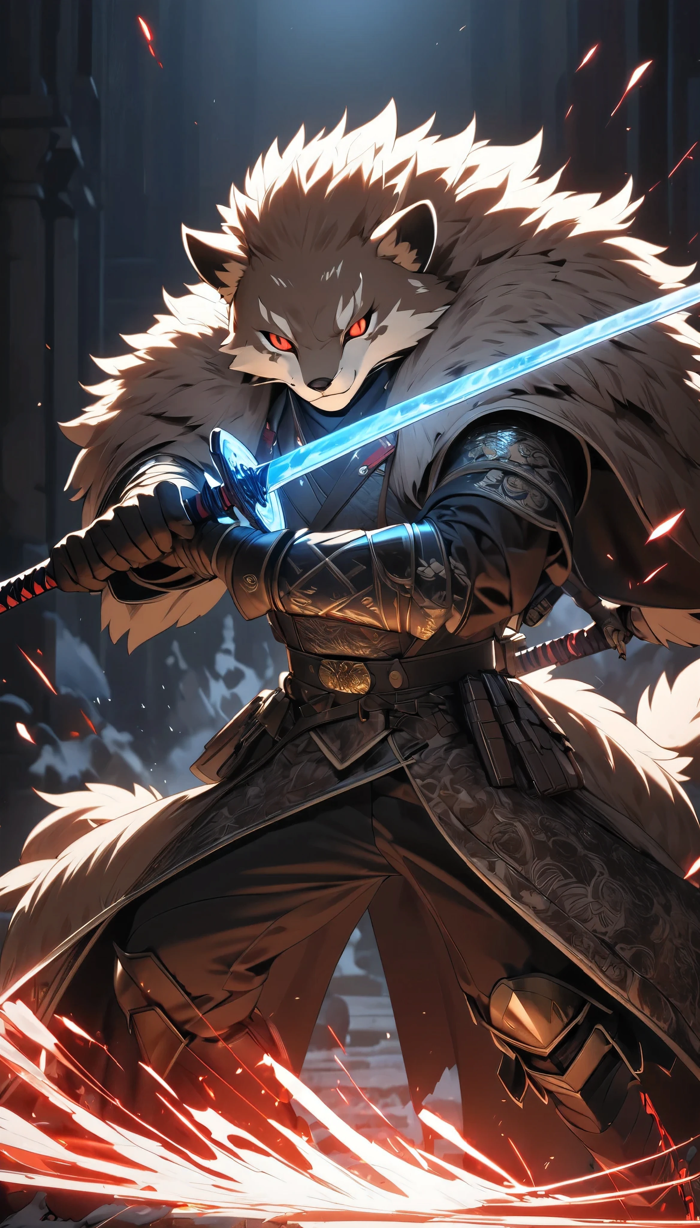 1 combat gentleman , whole body, Alone,  nimble protective armor, highly detailed fur skin style, fur skin face, Wild Weasel image, real dark brown colored, BREAK super fine detailed, Fight with a demon sword in your hand, Accurate and powerful poses, Premium seamless coat, Fast motion, BREAK: Eyes that emit blue light,  Delicate Fur Texture,  dynamic battle scenes ,  BREAK detailed and slim face ,  deep scars left on the cheeks ,  red light lurking in the back of the eyes ,  BREAK the finest coat texture with clear lines one by one,  simple and noble skin of kemon , Smart and neat appearance ,  slashes enemies approaching behind you 