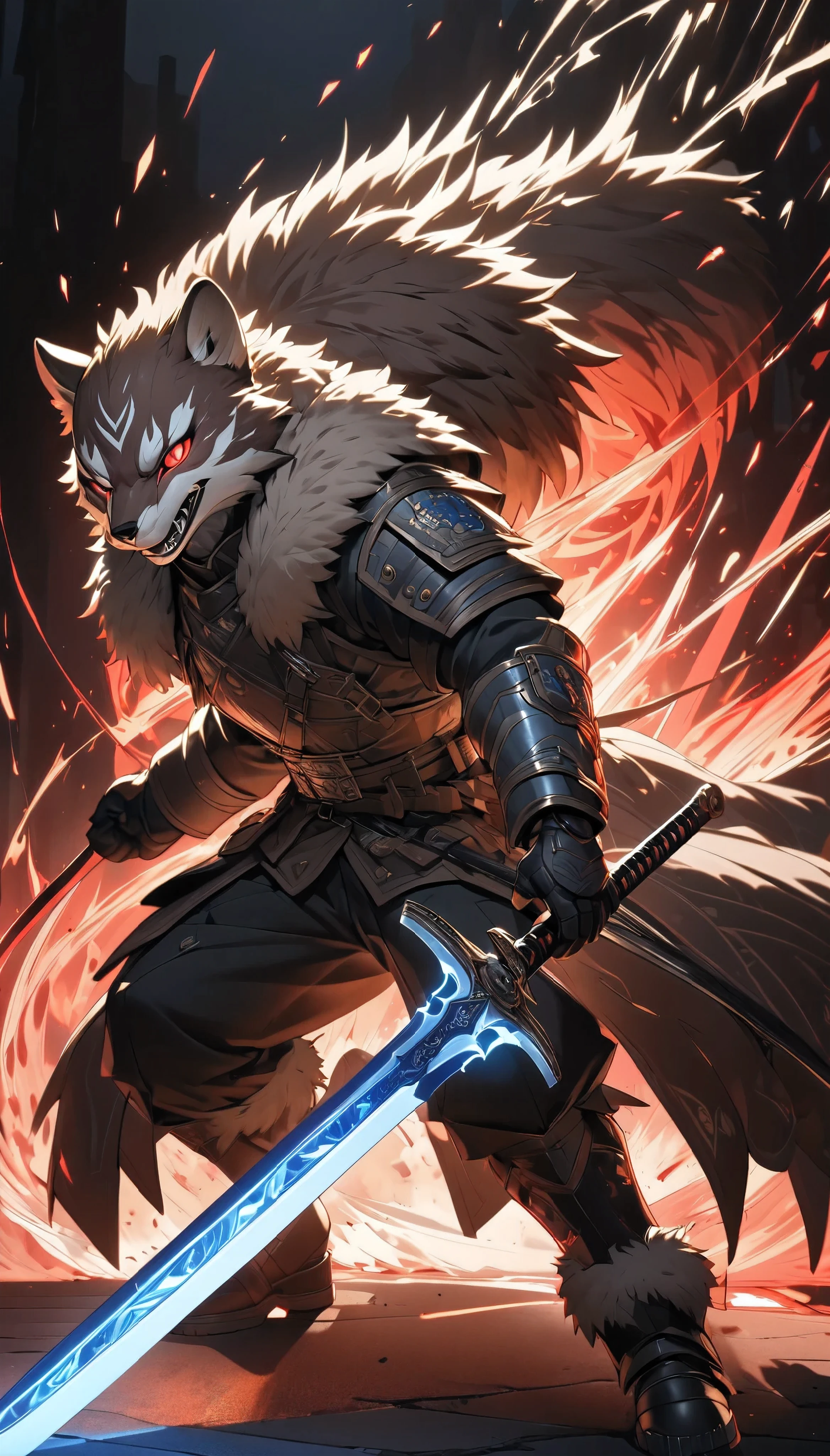 1 combat gentleman , whole body, Alone,  nimble protective armor, highly detailed fur skin style, fur skin face, Wild Weasel image, real dark brown colored, BREAK super fine detailed, Fight with a demon sword in your hand, Accurate and powerful poses, Premium seamless coat, Fast motion, BREAK: Eyes that emit blue light,  Delicate Fur Texture,  dynamic battle scenes ,  BREAK detailed and slim face ,  deep scars left on the cheeks ,  red light lurking in the back of the eyes ,  BREAK the finest coat texture with clear lines one by one,  simple and noble skin of kemon , Smart and neat appearance ,  slashes enemies approaching behind you 