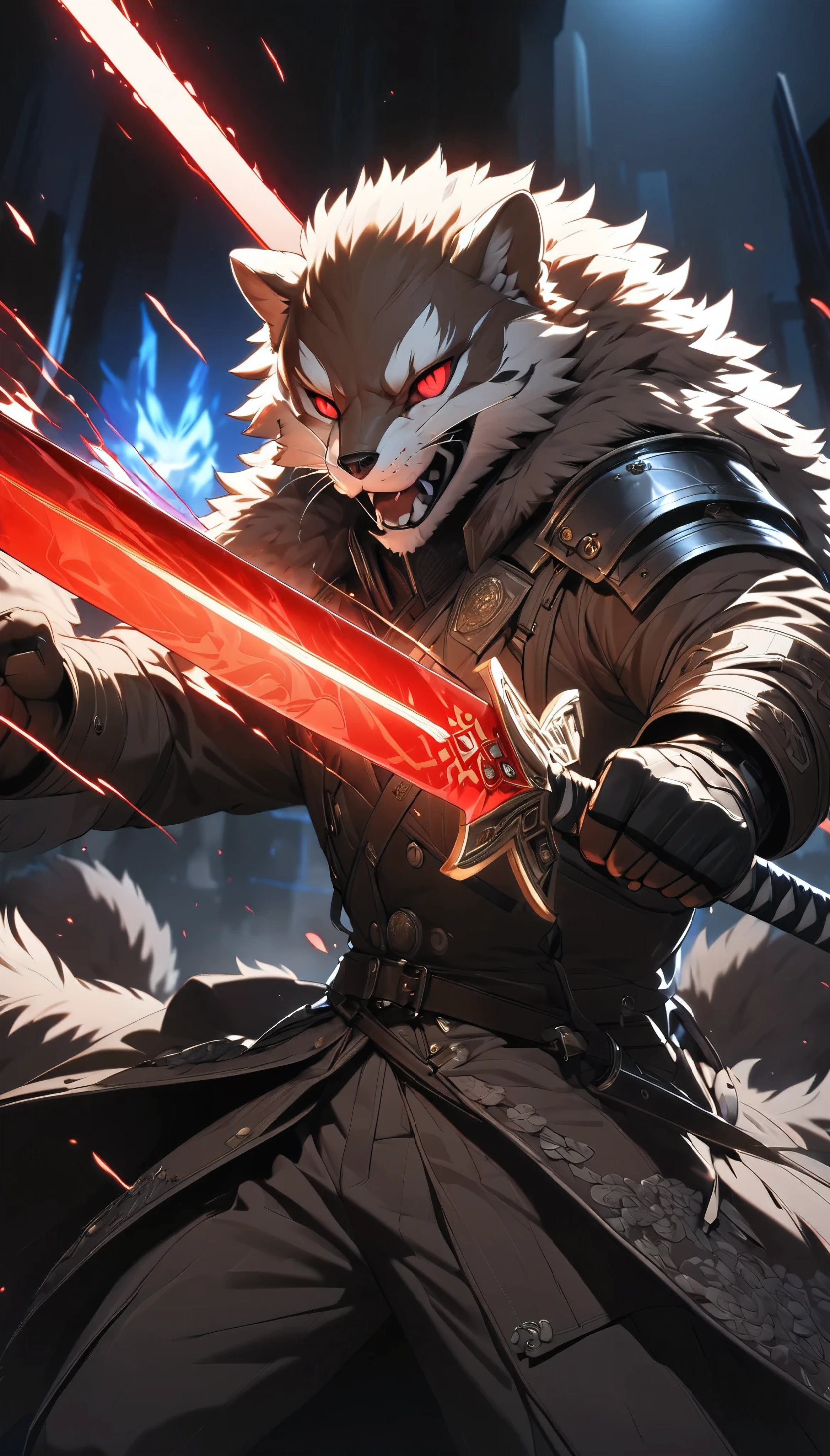 1 combat gentleman , whole body, Alone, nimble protective armor, highly detailed fur skin style, fur skin face, Wild Weasel image, real dark brown colored, BREAK super fine detailed, Fight with a demon sword in your hand, Accurate and powerful poses, Premium seamless coat, Fast motion, BREAK: Eyes that emit blue light, Delicate Fur Texture, dynamic battle scenes , BREAK detailed and slim face , deep scars left on the cheeks , red light lurking in the back of the eyes , BREAK the finest coat texture with clear lines one by one, simple and noble skin of kemon , Smart and neat appearance , slashes enemies approaching behind you