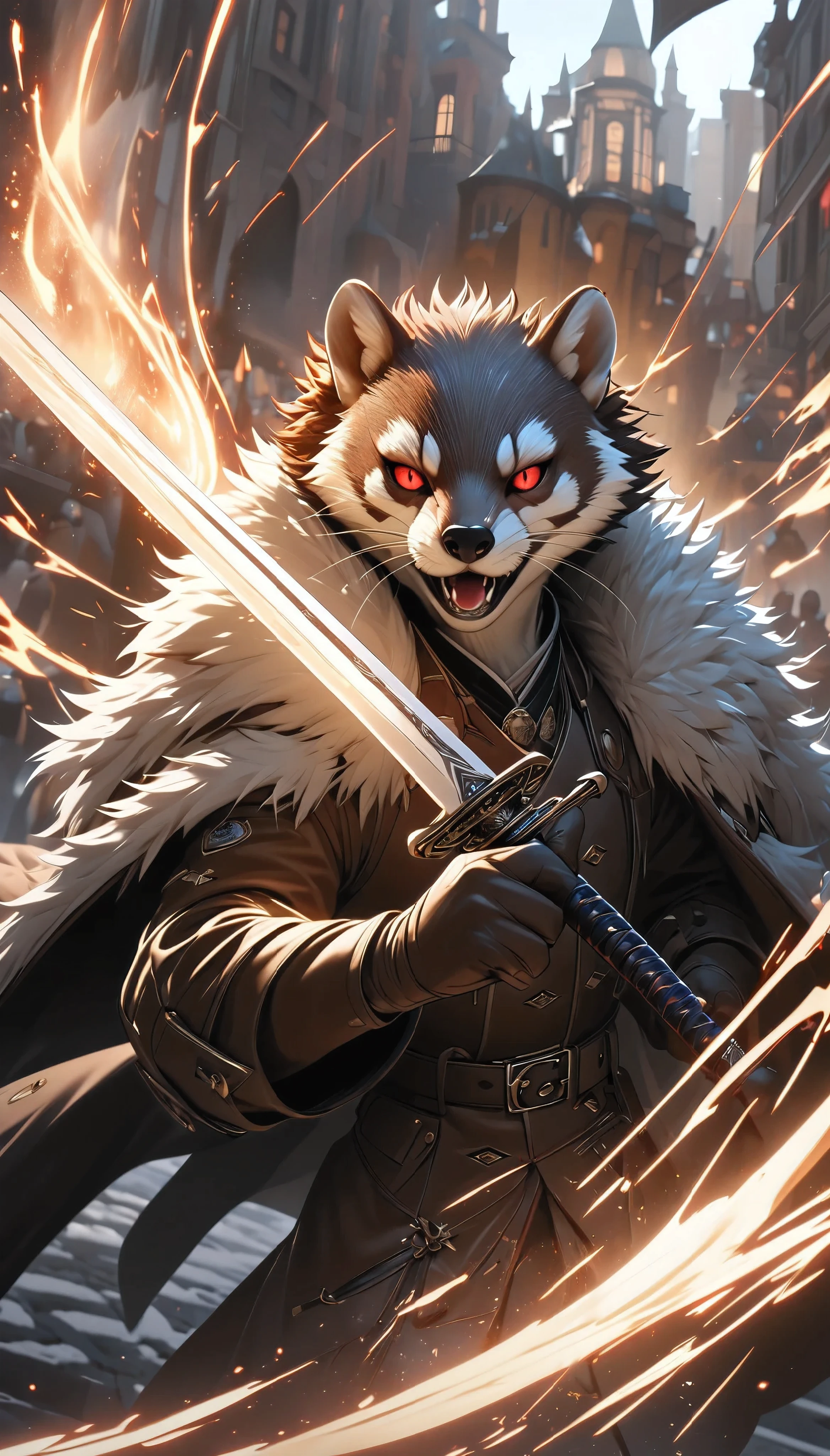 1 combat gentleman , whole body, Alone, nimble protective armor, highly detailed fur skin style, fur skin face, Wild Weasel image, real dark brown colored, BREAK super fine detailed, Fight with a demon sword in your hand, Accurate and powerful poses, Premium seamless coat, Fast motion, BREAK: Eyes that emit blue light, Delicate Fur Texture, dynamic battle scenes , BREAK detailed and slim face , deep scars left on the cheeks , red light lurking in the back of the eyes , BREAK the finest coat texture with clear lines one by one, simple and noble skin of kemon , Smart and neat appearance , slashes enemies approaching behind you , TAKE QUALITY TO THE EXTREME , Please faithfully reproduce Weasel's realistic and detailed coat, Rebuild the balance of the composition , Please improve Weasel's realistic coat in accurate detail , sharp eyesight staring at you , High quality CG animation , super realistic , Highly detailed realistic CG illustration , Transcendental cool kemono style, you won't be able to take a single movement...