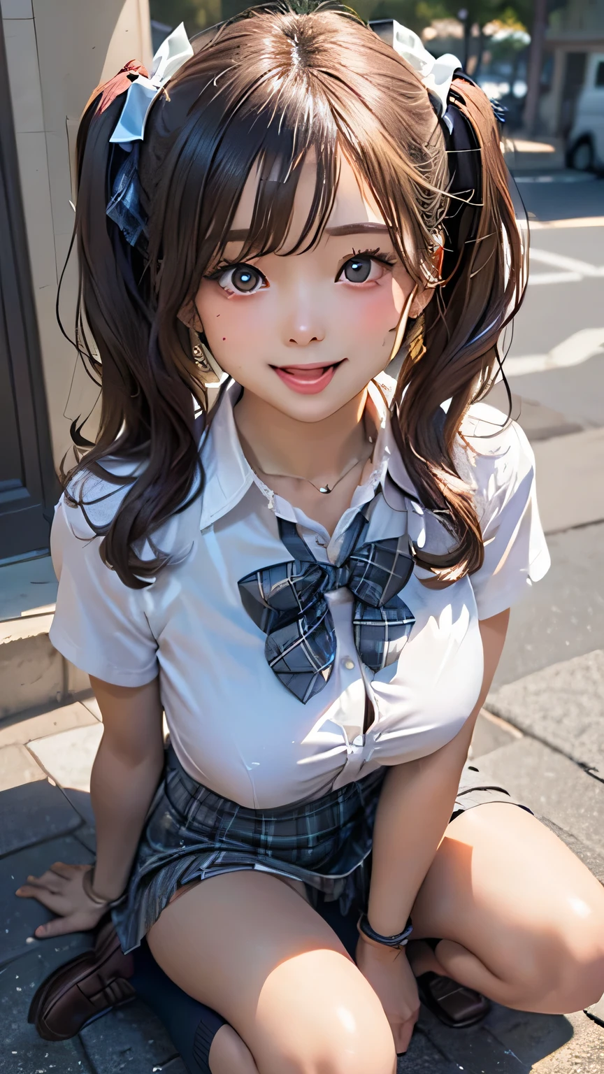 (masterpiece:1.2, top-quality), (realistic, photorealistic:1.4), beautiful illustration, (natural side lighting, movie lighting), 
looking at viewer, full body, front view:0.6, 1 girl, japanese, high school girl, perfect face, cute and symmetrical face, suntan, shiny skin, 
(long hair:1.5, side ponytail:1.4, brown hair), hair over one eye:1.4, maroon eyes, long eye lasher, (massive natural breasts), 
beautiful hair, beautiful face, beautiful detailed eyes, beautiful clavicle, beautiful body, beautiful chest, beautiful thigh, beautiful legs, beautiful fingers, 
((collared short sleeve shirt, white shirt, , grey plaid pleated skirt, blue plaid bow tie), wrist chakra), 
(beautiful scenery), (school scenery), , (lovely smile, upper eyes, open mouth),