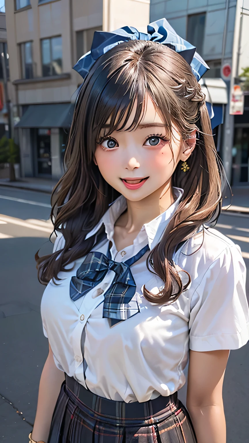 (masterpiece:1.2, top-quality), (realistic, photorealistic:1.4), beautiful illustration, (natural side lighting, movie lighting), 
looking at viewer, full body, front view:0.6, 1 girl, japanese, high school girl, perfect face, cute and symmetrical face, suntan, shiny skin, 
(long hair:1.5, side ponytail:1.4, brown hair), hair over one eye:1.4, maroon eyes, long eye lasher, (massive natural breasts), 
beautiful hair, beautiful face, beautiful detailed eyes, beautiful clavicle, beautiful body, beautiful chest, beautiful thigh, beautiful legs, beautiful fingers, 
((collared short sleeve shirt, white shirt, , grey plaid pleated skirt, blue plaid bow tie), wrist chakra), 
(beautiful scenery), (school scenery), , (lovely smile, upper eyes, open mouth),