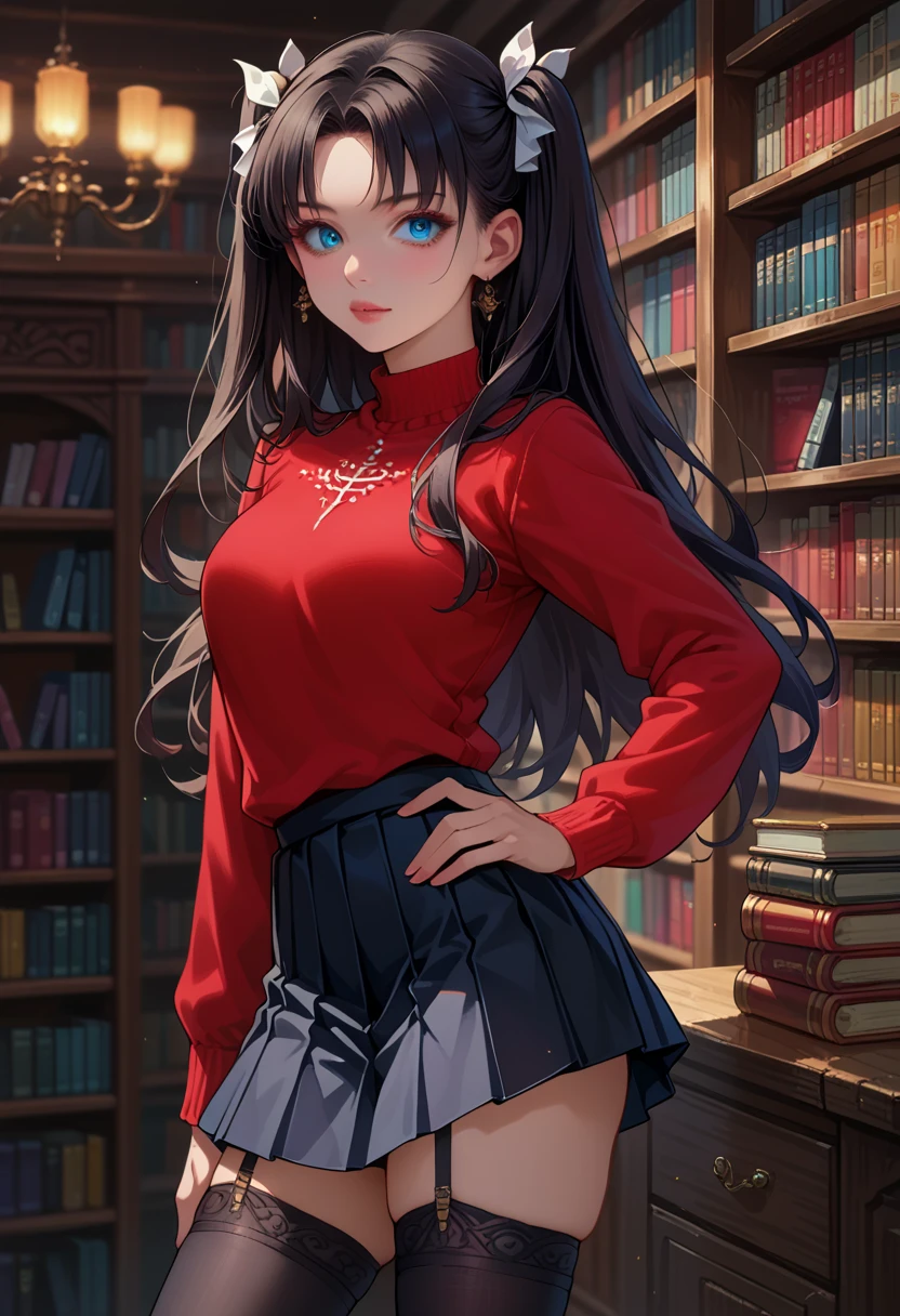 score_9, score_8_up,score_7_up, source_anime, 1girl, solo, beautiful waifu, thicc, mature woman, EPfsnRin, long hair, black hair, two side up, twin-tails, blue eyes, detailed eyes, detailed face, flirt, seductive, standing, (red sweater, long sleeves, short skirt, black skirt, pleated skirt, zettai ryouiki, thighhighs, garter straps:1.1), sexy pose, hand on hip, model shoot, library, bookshelf, book.