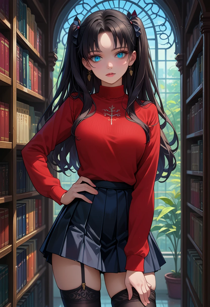 score_9, score_8_up,score_7_up, source_anime, 1girl, solo, beautiful waifu, thicc, mature woman, EPfsnRin, long hair, black hair, two side up, twin-tails, blue eyes, detailed eyes, detailed face, flirt, seductive, standing, (red sweater, long sleeves, short skirt, black skirt, pleated skirt, zettai ryouiki, thighhighs, garter straps:1.1), sexy pose, hand on hip, model shoot, library, bookshelf, book.