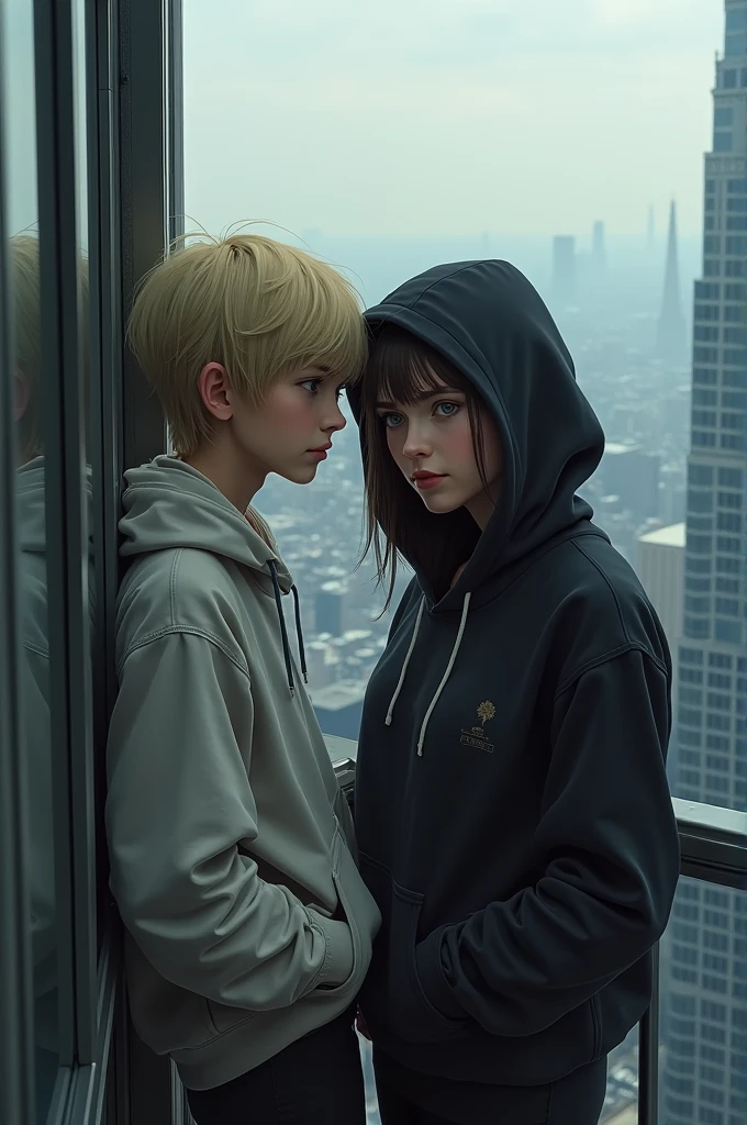 Blonde Hadsat leaning on a skyscraper roof railing and a woman wearing a hoodie