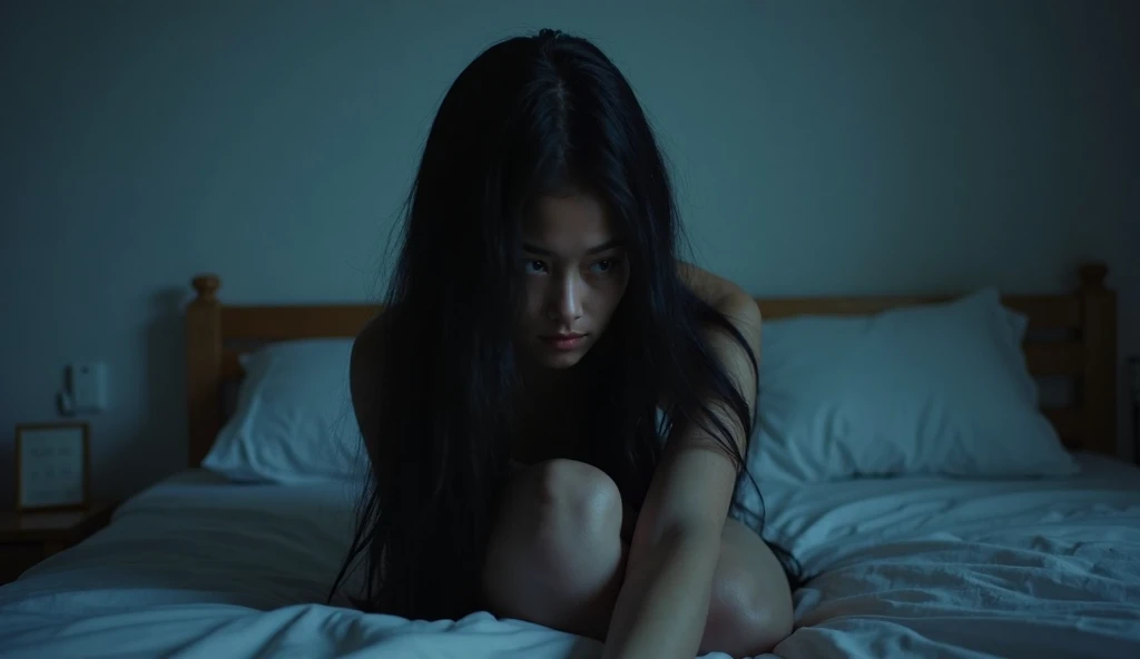    Masterpiece,  cinematic.  dark creepy. full body view . korean girl with blurred face with black long hair  in black lce ,, lying onthebed , feet, taking a selfie in a mirror., , Polaroid,  ,,dark black background,, retro style photo, realistic photo, vhs, vintage style, depressive atmosphere 