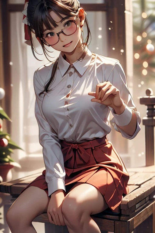 (( top quality)), ((傑 top quality、masterpiece、High sensitivity、 high definition 、 Details、 Delicate Facial Description)), Slender woman、Glasses、 mini skirt Santa 、Holding my knees、sit、 Christmas、