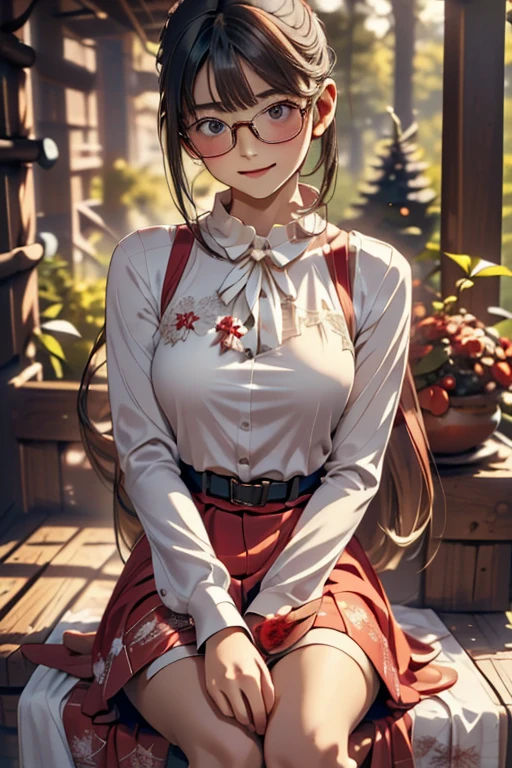 (( top quality)), ((傑 top quality、masterpiece、High sensitivity、 high definition 、 Details、 Delicate Facial Description)), Slender woman、Glasses、 mini skirt Santa 、Holding my knees、sit、 Christmas、