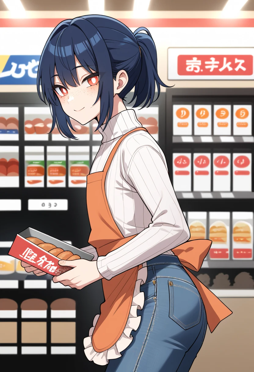 (1boy), solo, from side, crossdressing, otoko no ko, dark blue hair, short hair, ponytail, bangs, orange eyes, white pupils, (freckles), light smile, light blush, turtleneck sweater, ribbed sweater, denim jeans, apron, score_9, looking at viewer, indoors, convenience store