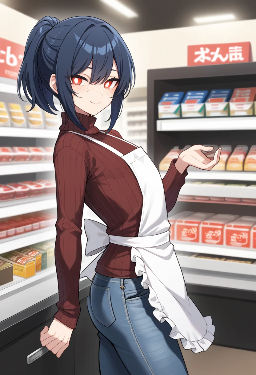 (1boy), solo, from side, crossdressing, otoko no ko, dark blue hair, short hair, ponytail, bangs, orange eyes, white pupils, (freckles), light smile, light blush, turtleneck sweater, ribbed sweater, denim jeans, apron, score_9, looking at viewer, indoors, convenience store