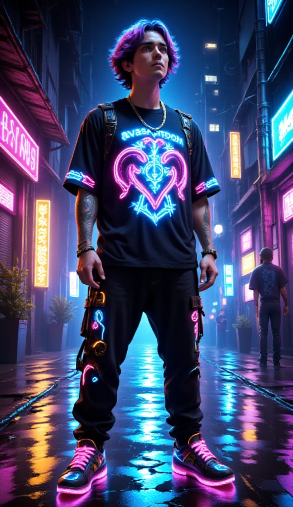 Парень 2d, city,  Neon text on a t-shirt: AvasKorpion , neon sneakers ,  neon outline, Night,  stands in front of the camera ,  Anime style, 2d,  looks at the viewer, neon lines , 