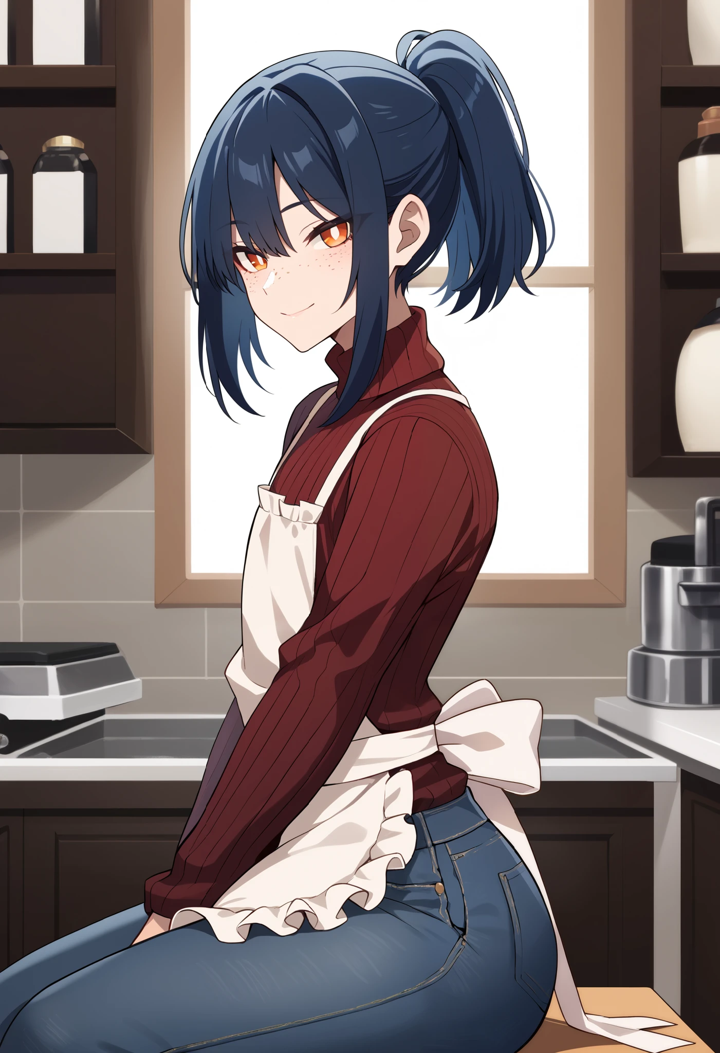 (1boy), solo, from side, crossdressing, otoko no ko, dark blue hair, short hair, ponytail, bangs, orange eyes, white pupils, (freckles), light smile, light blush, wide hips, turtleneck sweater, ribbed sweater, denim jeans, apron, score_9, looking at viewer, indoors, sitting