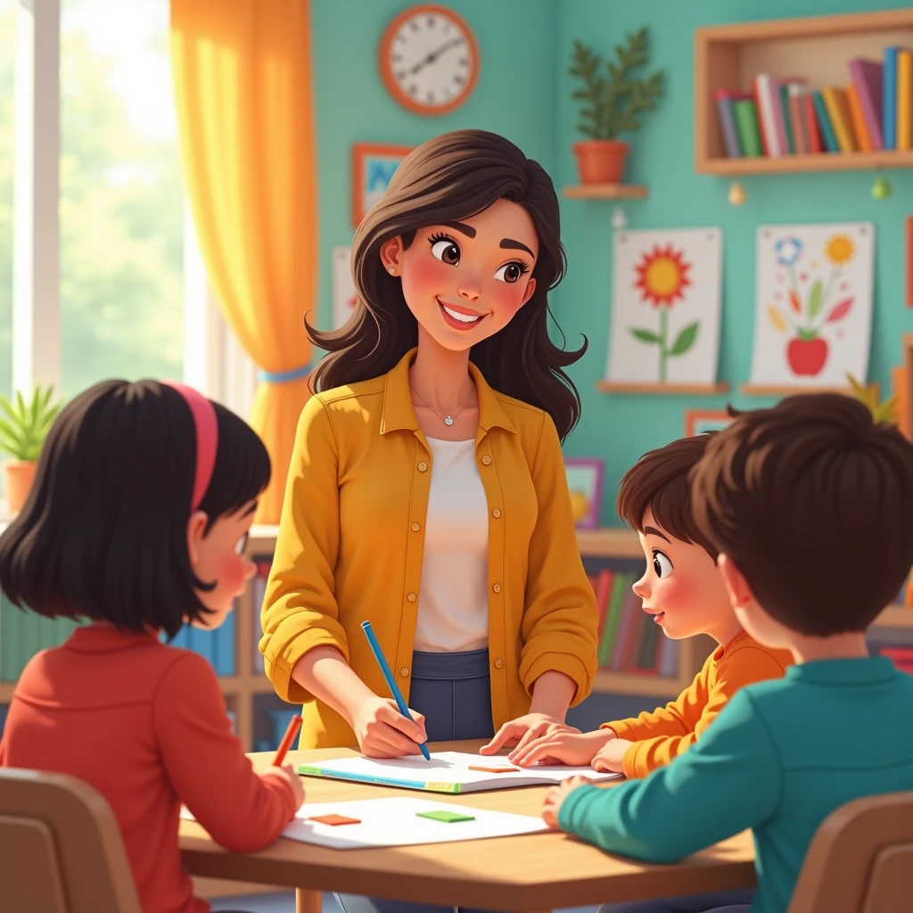 Light-skinned teacher, glasses, Brown eyes, drawing style, loose black hair