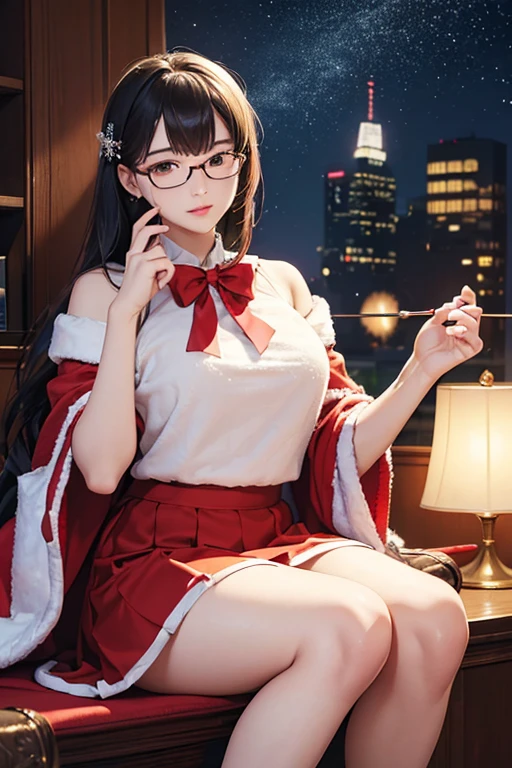 (( top quality)), ((傑 top quality、masterpiece、High sensitivity、 high definition 、 Details、 Delicate Facial Description)), Slender woman、Glasses、 mini skirt Santa 、Holding my knees、sit、 Christmas、