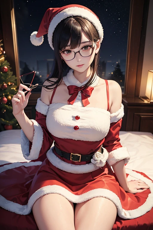 (( top quality)), ((傑 top quality、masterpiece、High sensitivity、 high definition 、 Details、 Delicate Facial Description)), Slender woman、Glasses、 mini skirt Santa 、Holding my knees、sit、 Christmas、