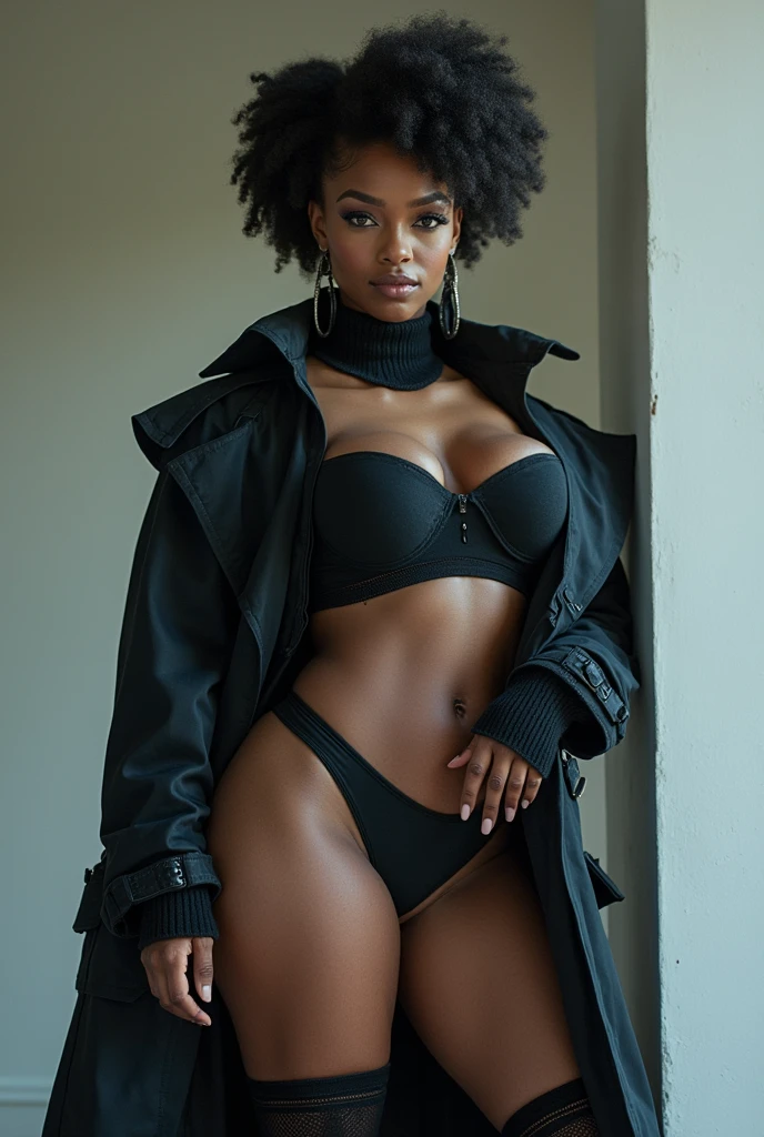 (masterpiece), best quality, expressive eyes, perfect face, (city bmbackground), (walking), (1girl, ebony, dark skin, black skin, brown hair, long curly afro hairstyle, brown eyes, full lips, hourglass figure, skinny body, large breasts, long fingernails, tight mint green croptop, long sleeve, exposed cleavage, tight mint green leggings, heels, hoop earings, mint green lipstick), (nipple imprint, cameltoe),