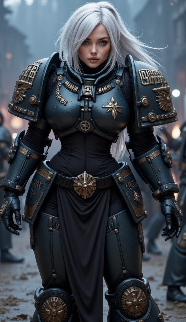 (ultra realistic) (Female Space Marine) (Black Space Marine power Armor)(Long platinum hair) (MILF) (A very beautiful face) (Cleavage) (Bimbo) (The battlefield on the background) (Night) (Bimbo lips) (Blue eyes) (at full height) (sexy standing in high heels)