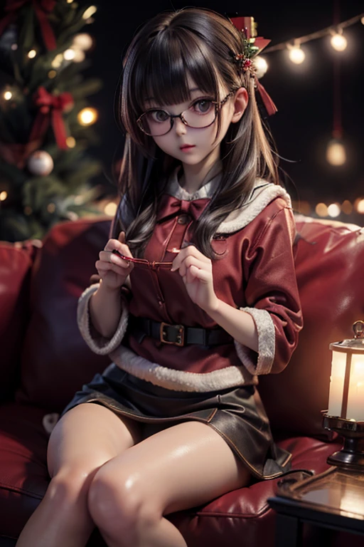 (( top quality)), ((傑 top quality、masterpiece、High sensitivity、 high definition 、 Details、 Delicate Facial Description)), Slender woman、Glasses、 mini skirt Santa 、Holding my knees、sit、 Christmas、