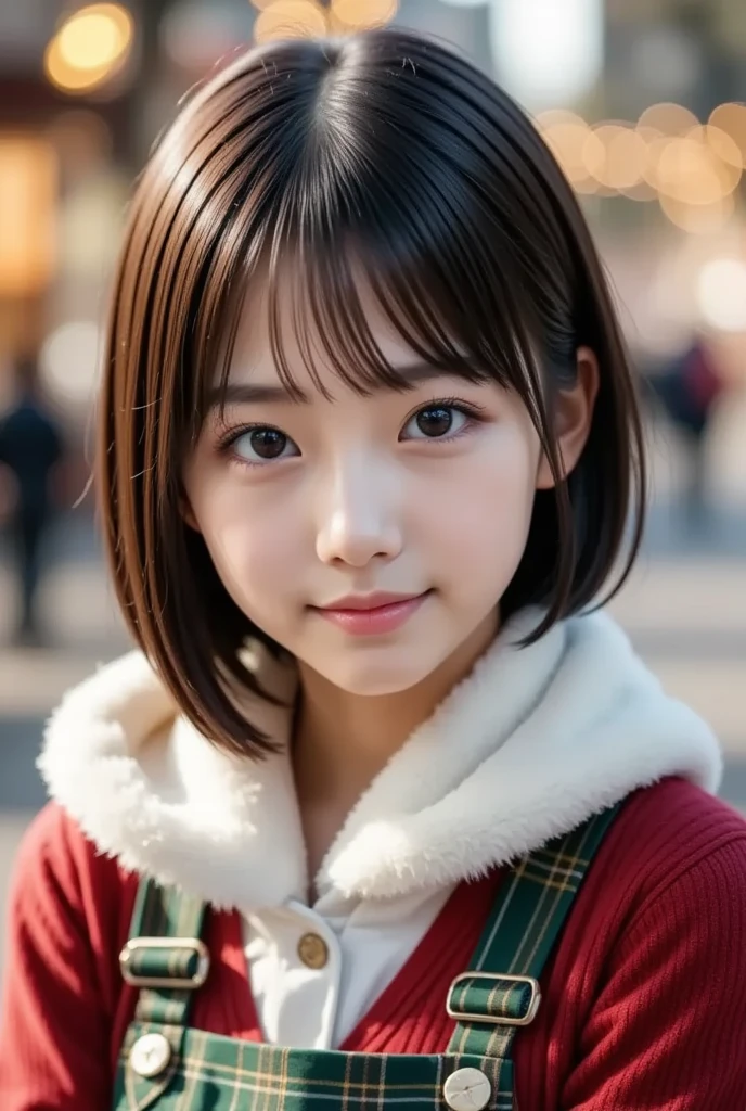 (8k,  photorealistic,  RAW photo,  Max Image: 1.4),  Japanese girls、18 years old, (Slightly longer bob hair)、 smile, Super detailed face 、Attention to detail、 double eyelids 、 sharp concentration:1.2、( super cute idol-like face :1.2), beautiful woman:1.4、( black hair)、 top quality、  masterpiece on penis 、 super high resolution、( photorealistic:1.4)、 is exquisitely crafted in every detail 、プロの照明で照らされたsmile、(( The background is a beautiful Christmas illuminations))、 open your mouth slightly、(( red sweater ,  white muffler, Green check skirt :1.2)),