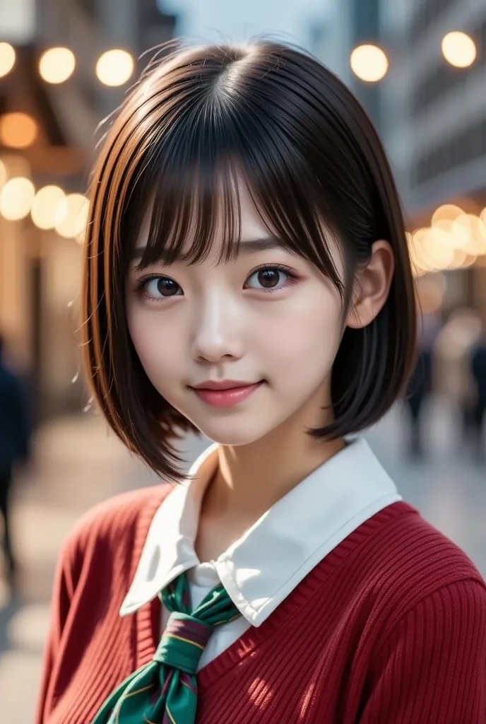 (8k,  photorealistic,  RAW photo,  Max Image: 1.4),  Japanese girls、18 years old, (Slightly longer bob hair)、 smile, Super detailed face 、Attention to detail、 double eyelids 、 sharp concentration:1.2、( super cute idol-like face :1.2), beautiful woman:1.4、( black hair)、 top quality、  masterpiece on penis 、 super high resolution、( photorealistic:1.4)、 is exquisitely crafted in every detail 、プロの照明で照らされたsmile、(( The background is a beautiful Christmas illuminations))、 open your mouth slightly、(( red sweater ,  white muffler, Green check skirt :1.2)),