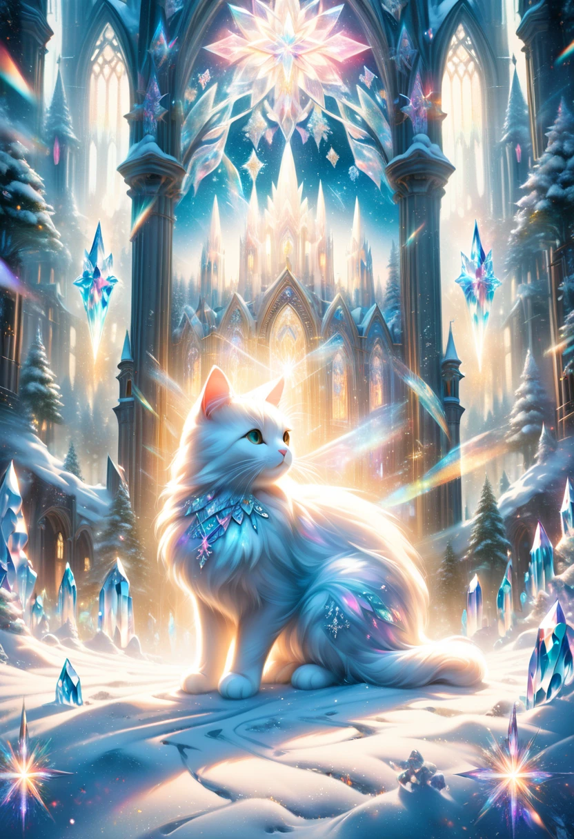 Sacred Snow Forest Scenery ,Long-haired white cat dancing,  Details pattern,cute, nice,  fantasy standing in a church ,  Details, rendering,Oil paint,Watercolor,general brush,  Max Image , Footprints on Snow Continuing in the Snow Forest  , Scattering Diamond Dust(( double exposure:1.5 ,crystal sparkle filter effect))