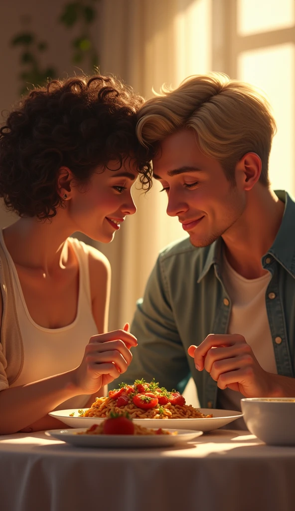 A couple at a restaurant table having dinner, they are laughing and happy, the woman has very short white hair and violet eyes, the man has black hair and wears a black dress shirt