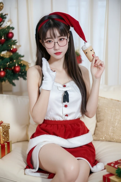 (( top quality)), ((傑 top quality、masterpiece、High sensitivity、 high definition 、 Details、 Delicate Facial Description)), Slender woman、Glasses、 mini skirt Santa 、Holding my knees、sit、 Christmas、