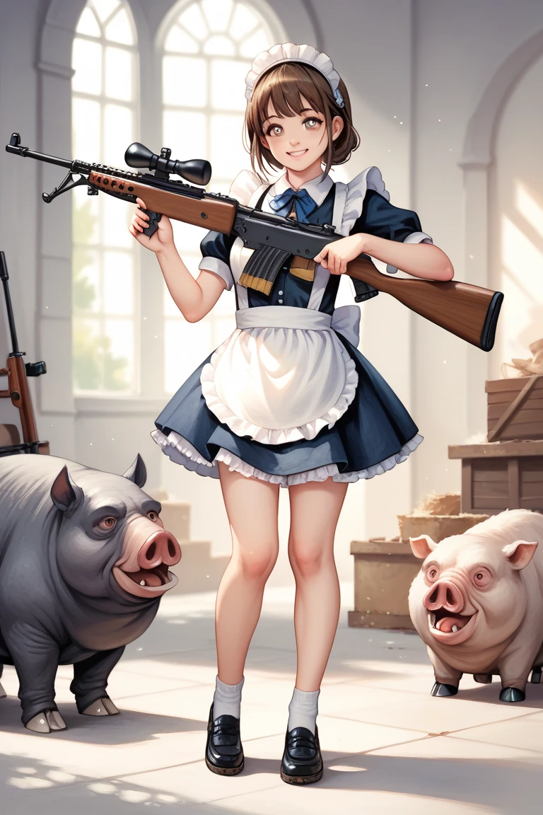 Livestock killing site,anatomically ,Pig hanging on a hook,offal scattered on the floor,,Beautiful blonde girl dissecting. Shoulder-length rubber gloves, Rubber Apron,Dirty rubber boots,White knee-length rubber boots,Stand and look down, Large dissecting knife,Condescending pigs,Drawing from below,Stand and look down, Full body view from below,