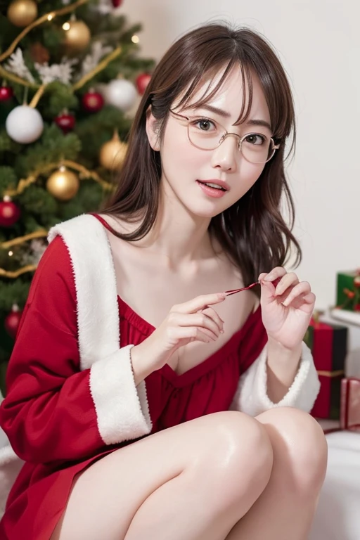 (( top quality)), ((傑 top quality、masterpiece、High sensitivity、 high definition 、 Details、 Delicate Facial Description)), Slender woman、Glasses、 mini skirt Santa 、Holding my knees、sit、 Christmas、