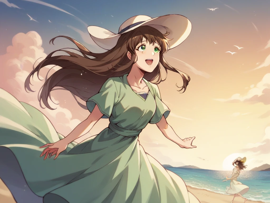 Hina Tachibana, long hair, brown hair, green eyes, Summer Dress, long dress, Beach, wind, pleasure, sunset, hat
