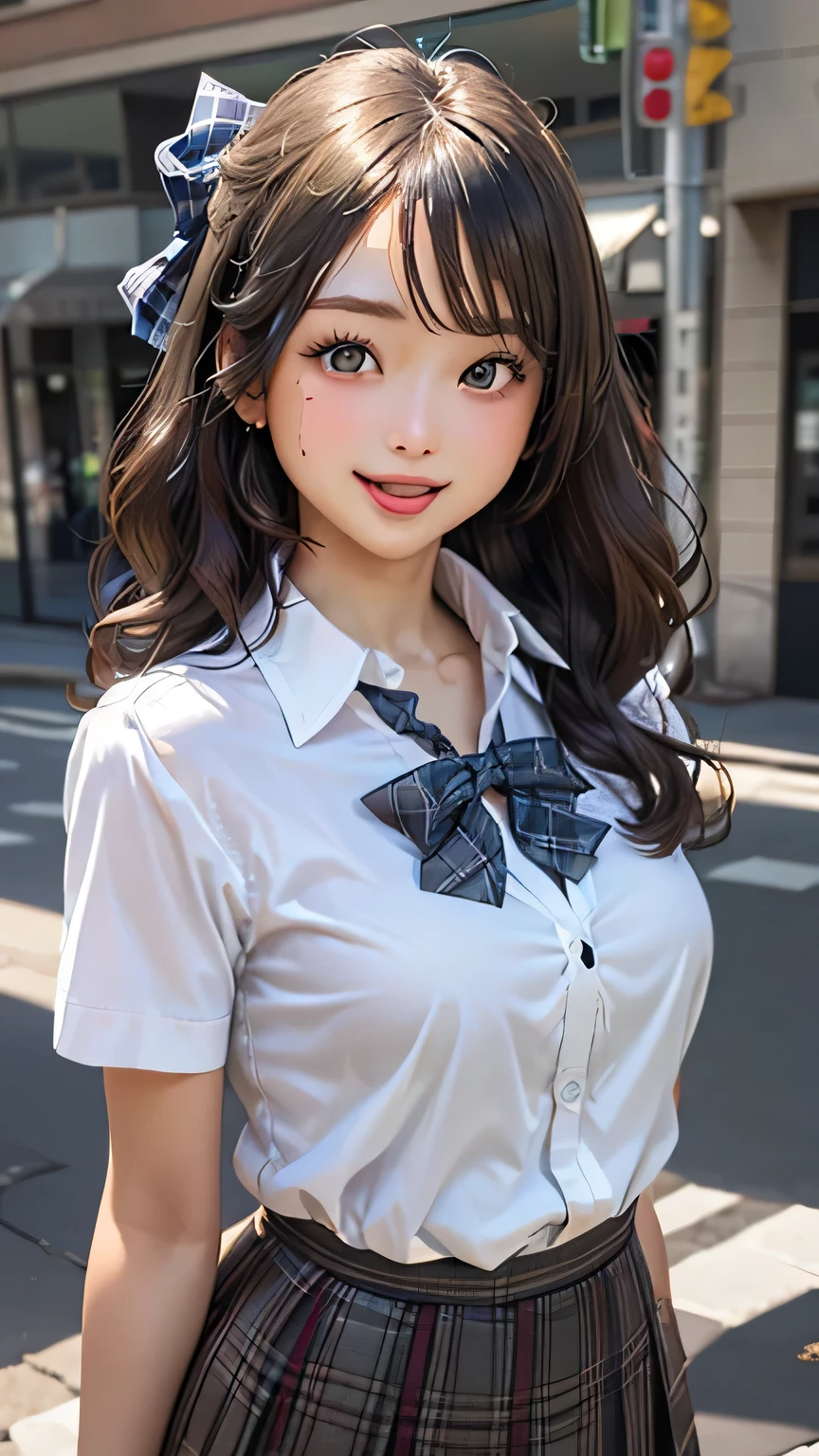 (masterpiece:1.2, top-quality), (realistic, photorealistic:1.4), beautiful illustration, (natural side lighting, movie lighting), 
looking at viewer, full body, front view:0.6, 1 girl, japanese, high school girl, perfect face, cute and symmetrical face, suntan, shiny skin, 
(long hair:1.5, side ponytail:1.4, brown hair), hair over one eye:1.4, maroon eyes, long eye lasher, (massive natural breasts), button gap,
beautiful hair, beautiful face, beautiful detailed eyes, beautiful clavicle, beautiful body, beautiful chest, beautiful thigh, beautiful legs, beautiful fingers, 
((collared short sleeve shirt, white shirt, , grey plaid pleated skirt, blue plaid bow tie), wrist chakra), 
(beautiful scenery), (school scenery), , (lovely smile, upper eyes, open mouth), 