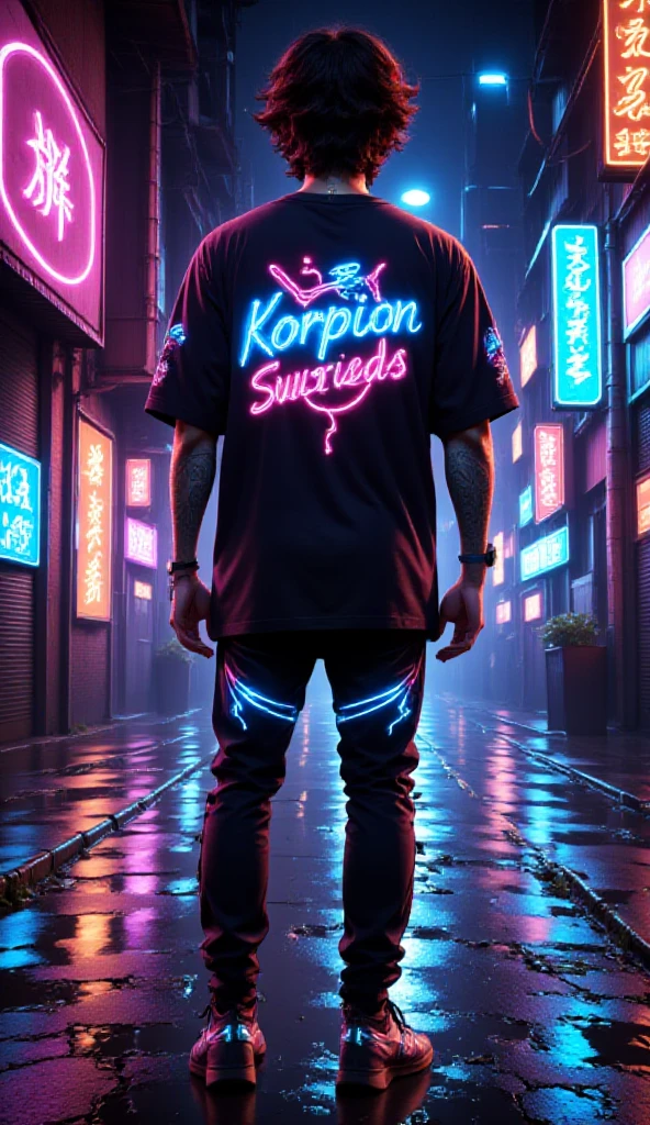 anime, in cyberpunk style,Парень 2d, city,  Neon text on a t-shirt: AvasKorpion , neon sneakers ,  neon outline, Night,  stands in front of the camera ,  Anime style, 2d,  looks at the viewer, neon lines , 