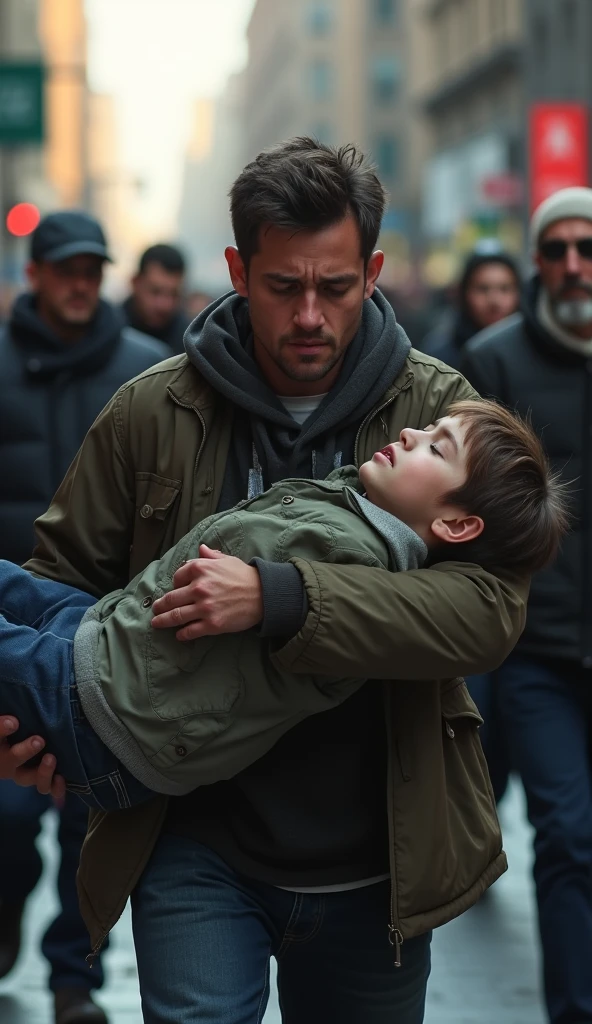 A father holding the hand of his teenage son who is falling off the cliff, but their faces show concern, pain, tears 