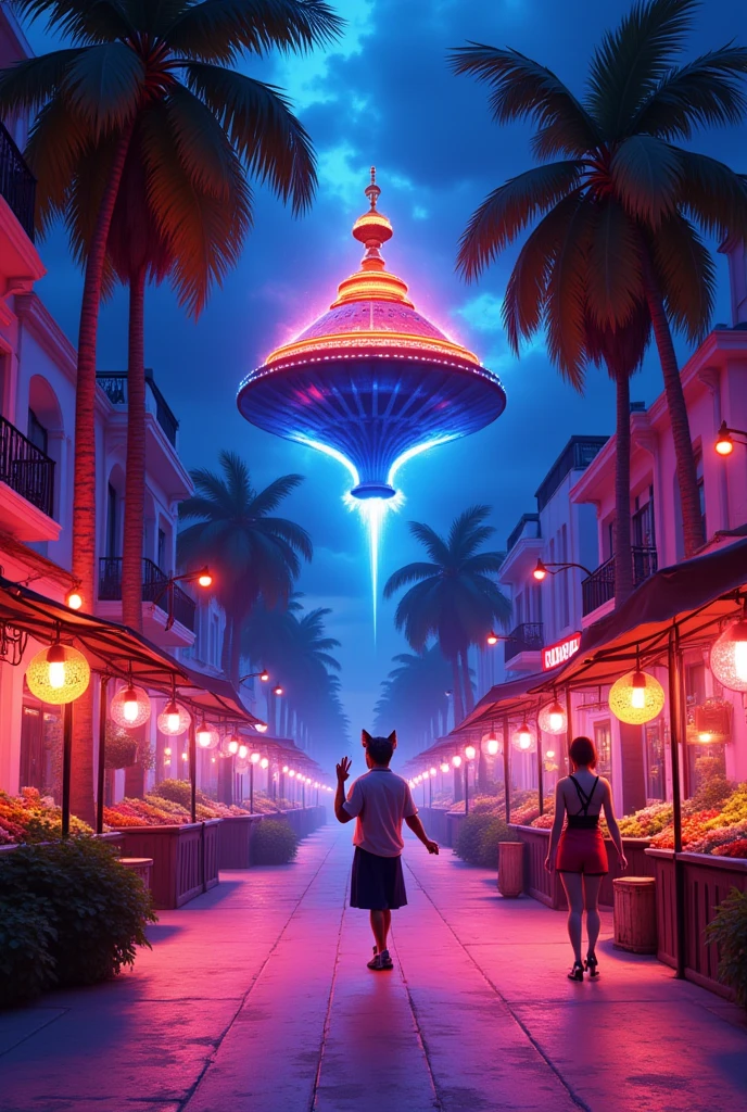 A vibrant Havana street lit by neon lights, featuring a whimsical genie floating above colorful market stalls, while a shaolin cat dances joyfully under palm trees, radiating electric pink and blue hues.