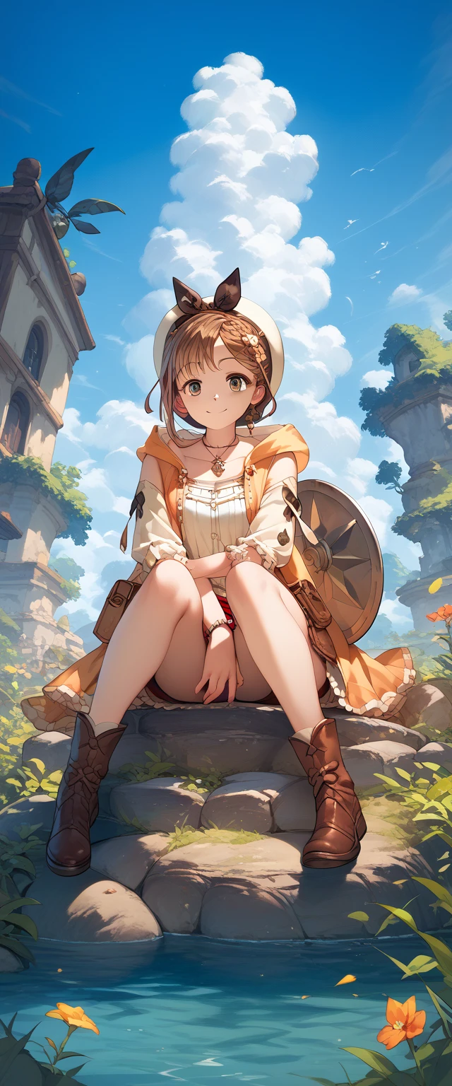 Beautiful blue sky,Spreading grassland, wearing hats , brown hair with a large shield, cute,Liza,sitting on a rock