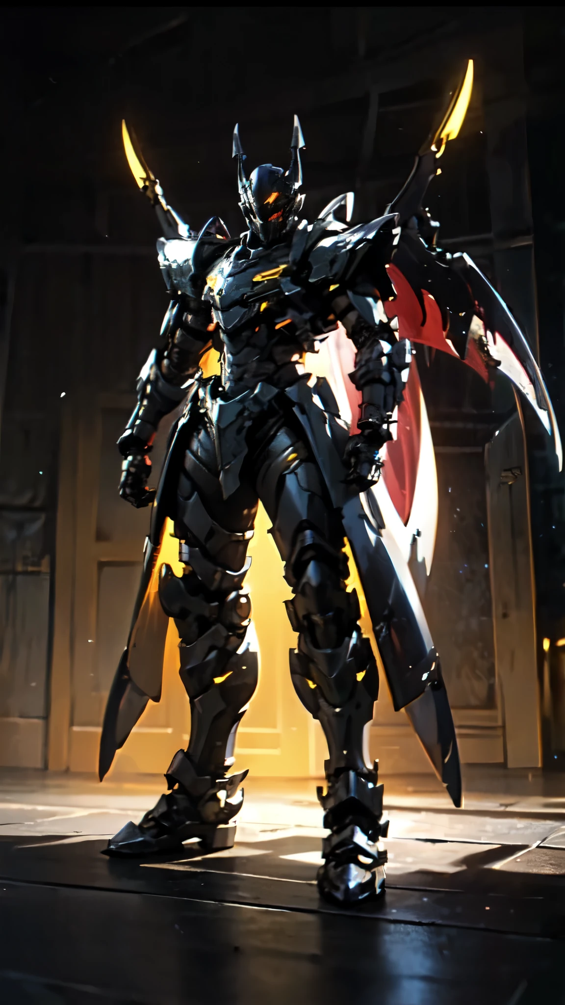 (masterpiece:1.5, best quality:1.5, extremely delicate:1.5), ((male:1.5)), a man wearing a full-face helmet, high-tech biomimetic armored combat suit, (a composite layered chest armor), the design balances heavy with agility, fully enclosed shoulder guards, matching arm and leg guards, a belt of gemstone, (the color scheme is primarily Purple with Yellow and Red accents, Organic Biotech, Concept Inspired by Vampire, glowing eyes, armor glows, huge cloak like devil wings, blood), stand of a futuristic sci-fi city, this character embodies a finely crafted fantasy-style armored hero in anime style, exquisite and mature art style, metallic, high definition, highres, ultra-detailed, ultra-fine painting, professional, perfect body proportions, golden ratio, anatomically correct, symmetrical face, extremely detailed eyes and face, high quality eyes, creativity, RAW photo, UHD, 32k, Natural light, cinematic lighting, (masterpiece-anatomy-perfect:1.2)