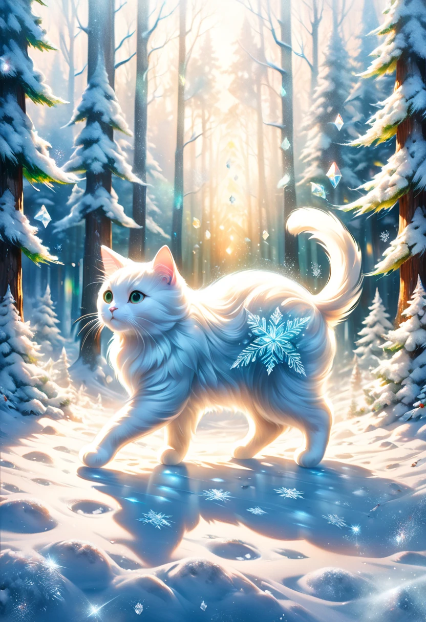 Footprints leading to a sacred snowy forest ,Long-haired white cat dancing,  Details pattern,cute, nice,  Details, rendering,Oil paint,Watercolor,general brush,  Max Image , Footprints on Snow Continuing in the Snow Forest  , Scattering Diamond Dust(( double exposure:1.5 ,diamond dust filter effect))