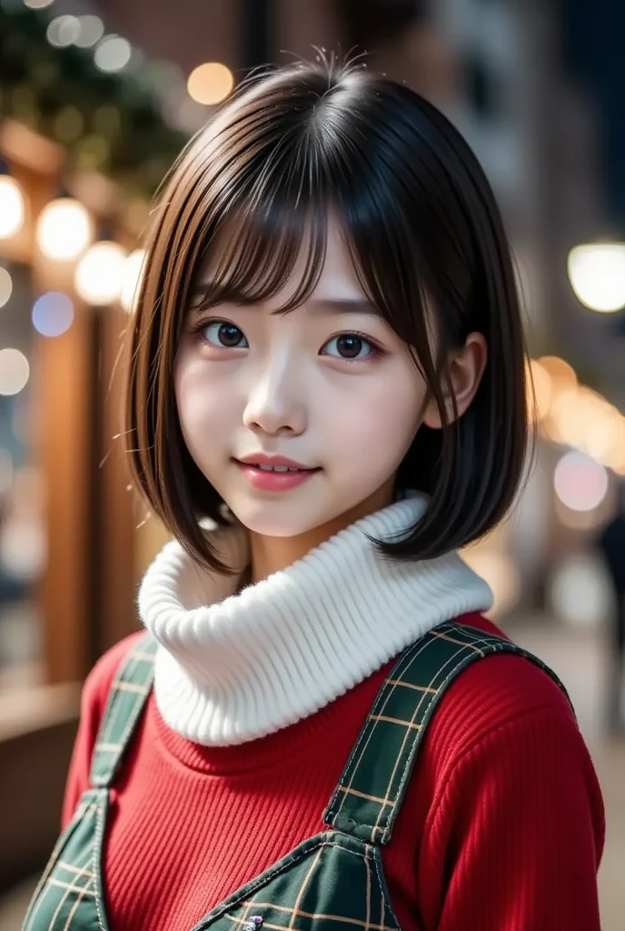 (8k,  photorealistic,  RAW photo,  Max Image: 1.4),  Japanese girls、18 years old, (Slightly longer bob hair)、 smile, Super detailed face 、Attention to detail、 double eyelids 、 sharp concentration:1.2、( super cute idol-like face :1.2), beautiful woman:1.4、( black hair)、 top quality、  masterpiece on penis 、 super high resolution、( photorealistic:1.4)、 is exquisitely crafted in every detail 、プロの照明で照らされたsmile、((The background is a beautiful night city Christmas lights))、 open your mouth slightly、(( red sweater ,  white muffler, Green check skirt :1.2)),