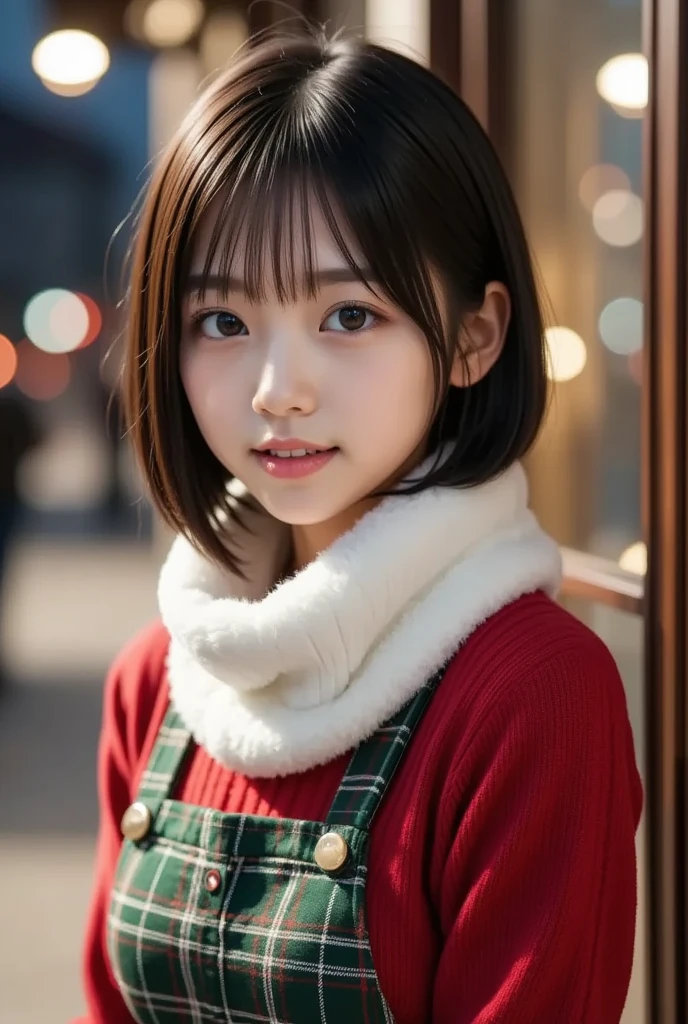 (8k,  photorealistic,  RAW photo,  Max Image: 1.4),  Japanese girls、18 years old, (Slightly longer bob hair)、 smile, Super detailed face 、Attention to detail、 double eyelids 、 sharp concentration:1.2、( super cute idol-like face :1.2), beautiful woman:1.4、( black hair)、 top quality、  masterpiece on penis 、 super high resolution、( photorealistic:1.4)、 is exquisitely crafted in every detail 、プロの照明で照らされたsmile、((The background is a beautiful night city Christmas lights))、 open your mouth slightly、(( red sweater ,  white muffler, Green check skirt :1.2)),