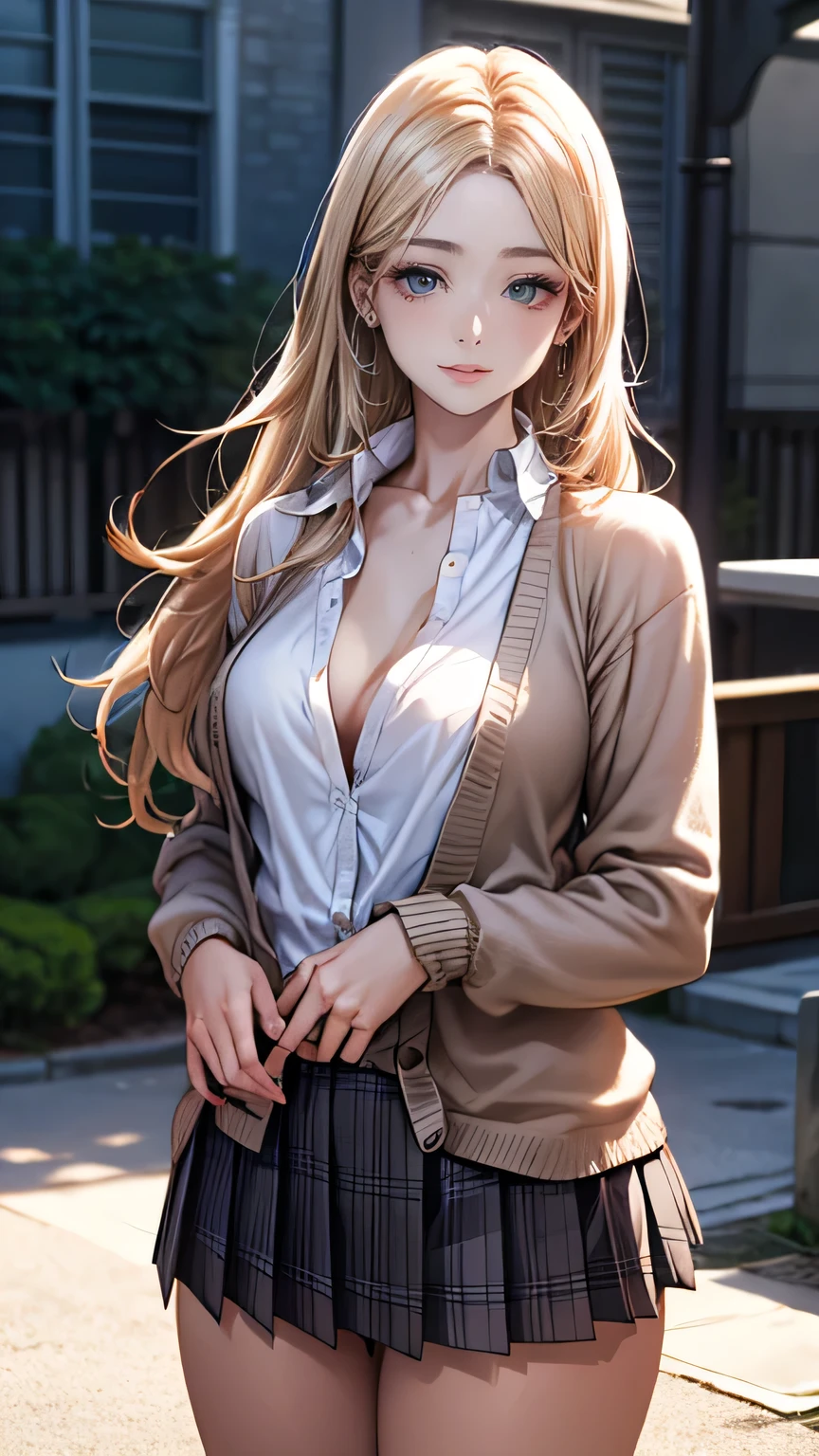 8K quality、High definition male、Gal high school girl、Brown long hair、Brown eyes、Star Necklace、High school classroom at dusk、Japanese school girl uniform、Beautiful legs、Beautiful thighs、Dignified face、Small breasts、Seduce、slender、Model Body Type、Ripe body、、Rolled up hem、White blouse with open chest、Wearing a navy blue jacket with the sleeves rolled up、Light blue skirt、Wink and peace sign