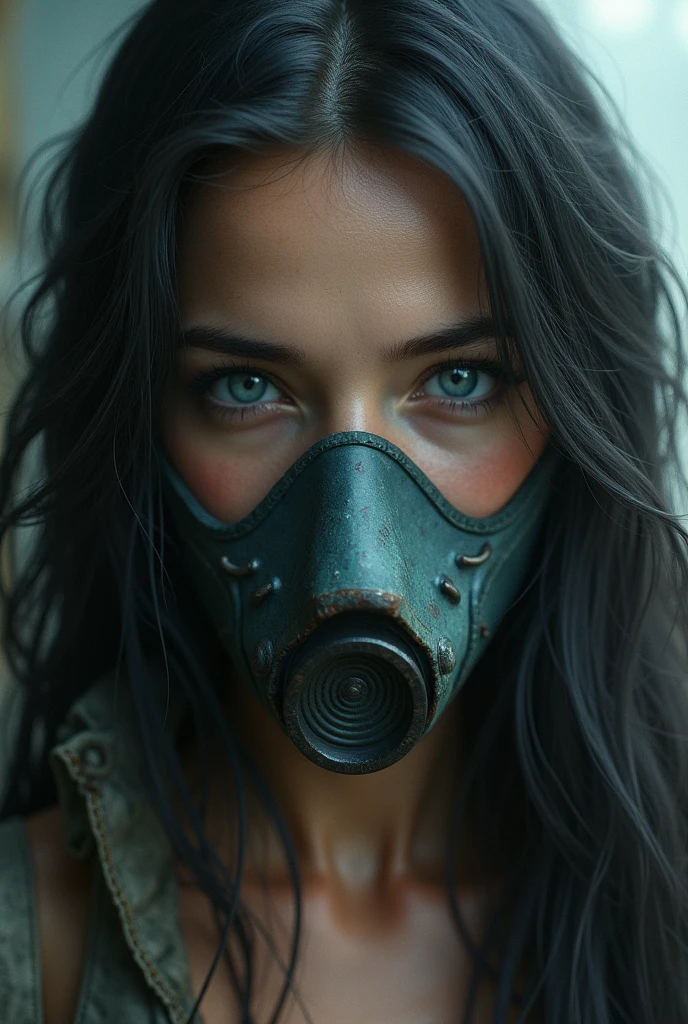 evaroux, beautiful woman with long hair, streaked hair, stitches ,black hair, blue eyes, gas mask, mask covers all the face (insanely detailed, masterpiece, best quality) cinematic lighting, photo has filigree like a hoto of 90's