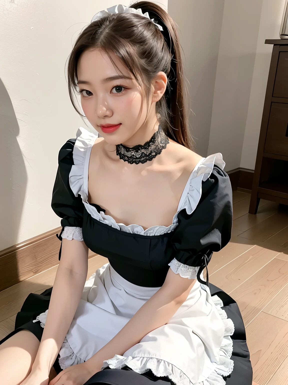 A young woman wearing a classic black-and-white maid outfit, sitting elegantly on the wooden floor of a cozy, warmly lit room. The maid dress features intricate lace details, a fitted bodice, puffed sleeves, and a neatly tied white apron. She is seated with her legs folded to the side, her hands resting gently on her lap, and her posture is poised yet relaxed. The background includes soft furnishings, such as a small table with a teapot and a vase of flowers, enhancing the warm and inviting atmosphere. Her expression is soft and gentle, with a hint of a shy smile, radiating charm and grace, (High ponytail), (Leaning forward)