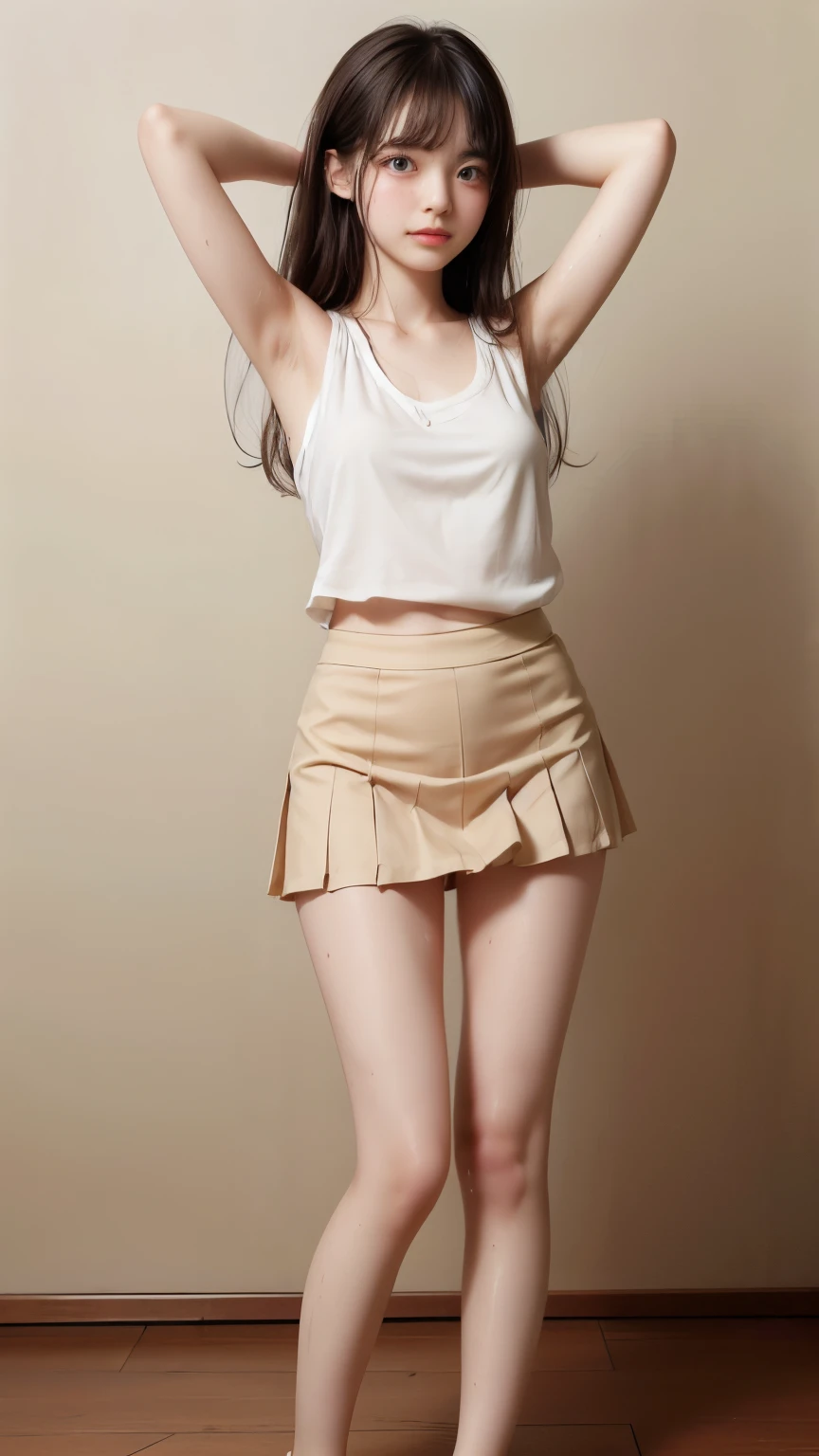 (masterpiece:1.2, Highest quality), (Realistic, photoRealistic:1.4), Beautiful illustrations, (Natural Side Lighting, Cinema Lighting), Written boundary depth,
Looking at the audience, Front view, 1 Girl, English, high school girl, 18-year-old, Perfect Face, Cute symmetrical face, Shiny skin, Leg spread,
(Bob Hair:1.7,blonde), Asymmetrical bangs, Big eyes, Droopy eyes, Long eyelashes、Huge boobs:1.5), thin,
Beautiful Hair, Beautiful Face, Beautiful and beautiful eyes, Beautiful clavicle, Beautiful body, Beautiful breasts, Beautiful thighs, Beautiful legs, Beautiful fingers,
((High-quality fabric, Brown knitted vest, Short sleeve white collar shirt, Navy Pleated Skirt, Navy bow tie)),
(Beautiful views), evening, (Inside the flower shop), Are standing, (smile, Superior, Open your mouth), (((Skirt flip, sexy_panties, Genitals are visible))), Full Body Shot, Dark blue socks,
