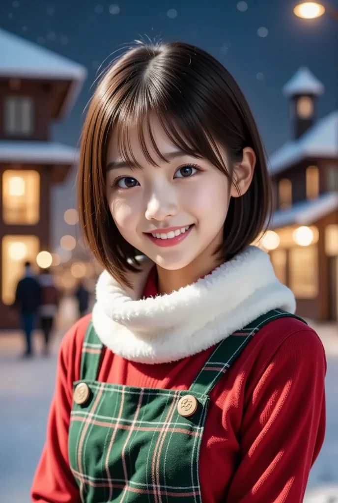 (8k,  photorealistic,  RAW photo,  Max Image: 1.4),  Japanese girls、21 years old, (Slightly longer bob hair)、 smile, Super detailed face 、Attention to detail、 double eyelids 、 sharp concentration:1.2、( super cute idol-like face :1.2), beautiful woman:1.4、( black hair)、 top quality、  masterpiece on penis 、 super high resolution、( photorealistic:1.4)、 is exquisitely crafted in every detail 、プロの照明で照らされたsmile、((The background is a beautiful night city Christmas lights))、 open your mouth slightly、(( red sweater ,  white muffler, Green check skirt :1.2)),