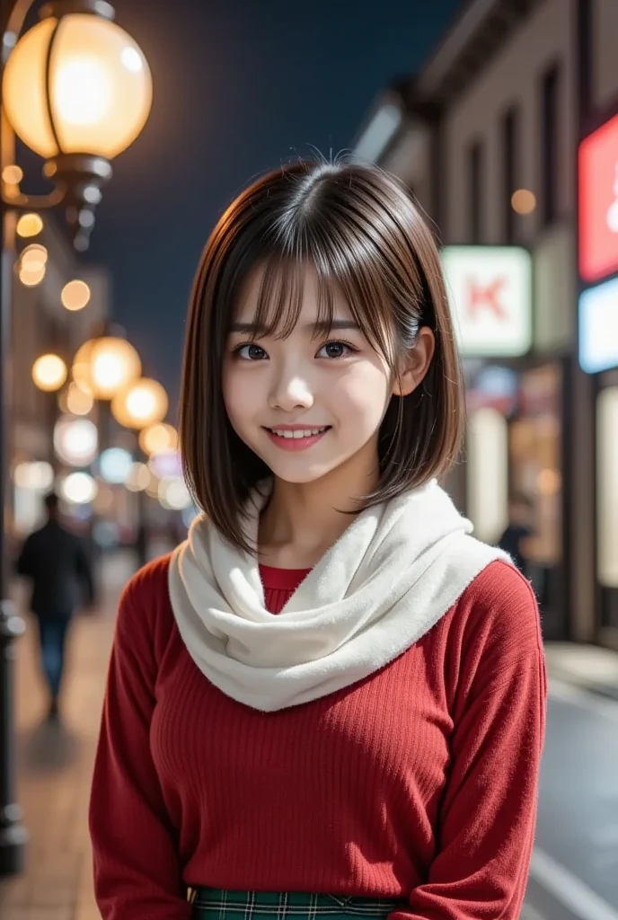 (8k,  photorealistic,  RAW photo,  Max Image: 1.4),  Japanese girls、21 years old, (Slightly longer bob hair)、 smile, Super detailed face 、Attention to detail、 double eyelids 、 sharp concentration:1.2、( super cute idol-like face :1.2), beautiful woman:1.4、( black hair)、 top quality、  masterpiece on penis 、 super high resolution、( photorealistic:1.4)、 is exquisitely crafted in every detail 、プロの照明で照らされたsmile、((The background is a beautiful night city Christmas lights))、 open your mouth slightly、(( red sweater ,  white muffler, Green check skirt :1.2)),