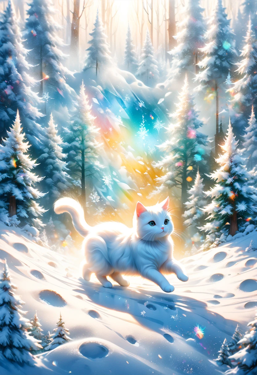 Footprints leading to a sacred snowy forest ,Long-haired white cat dancing,  Details pattern,cute, nice,  Details, rendering,Oil paint,Watercolor,general brush,  Max Image , Footprints on Snow Continuing in the Snow Forest  , Scattering Diamond Dust(( double exposure:1.5 ,diamond dust filter effect))