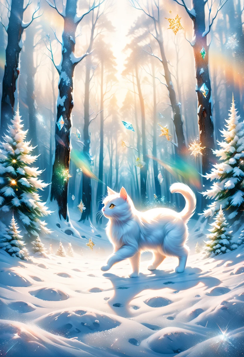 Footprints leading to a sacred snowy forest ,Long-haired white cat dancing,  Details pattern,cute, nice,  Details, rendering,Oil paint,Watercolor,general brush,  Max Image , Footprints on Snow Continuing in the Snow Forest  , Scattering Diamond Dust(( double exposure:1.5 ,diamond dust filter effect))