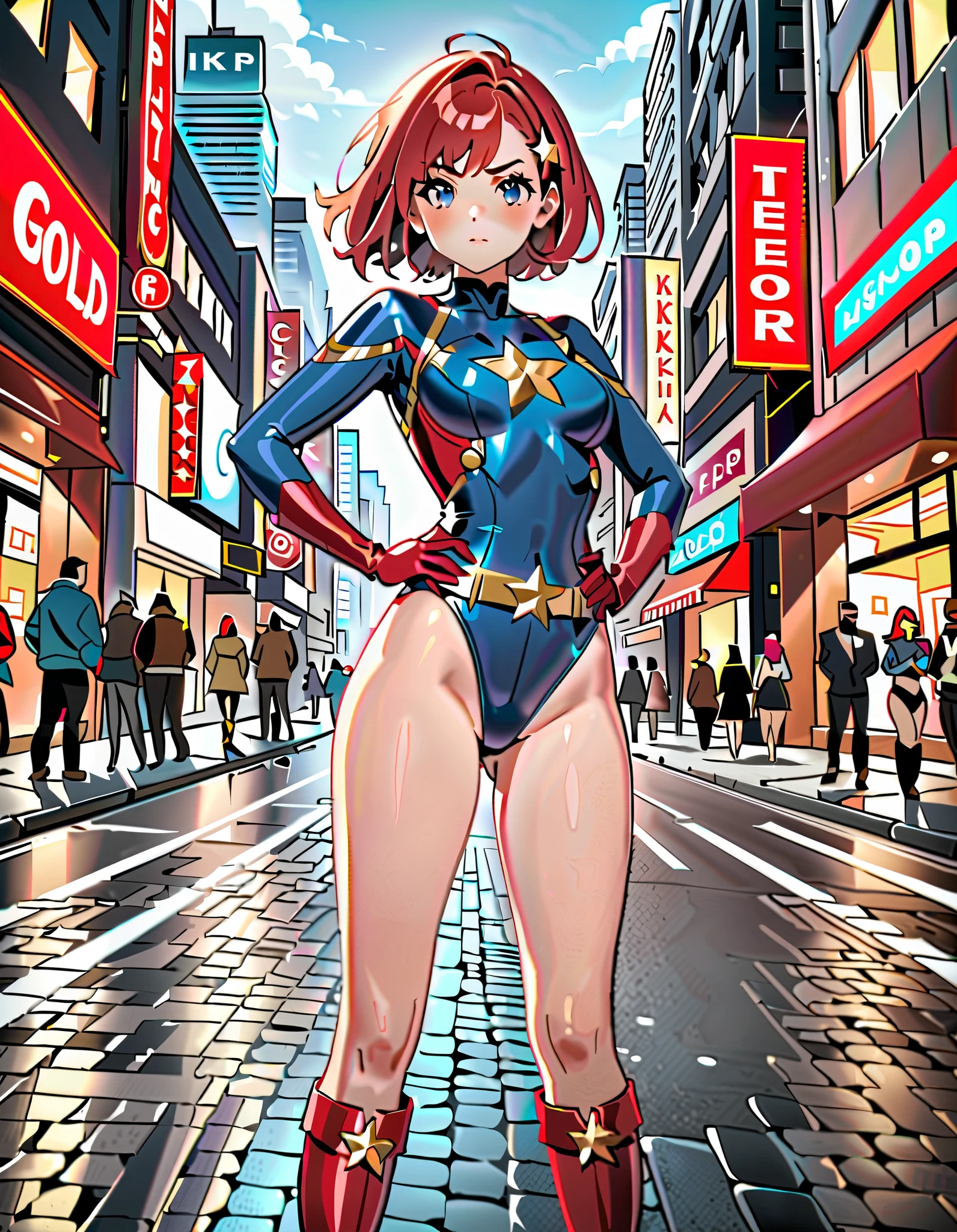 Masterpiece, best quality, high res, 8k, solo, solo focus, 1girl, superhero, red and blue leotard, bare legs, matching boots and gloves, (star belt, high-waisted belt, gold belt), hands on hip, city street, red hair, bob hair